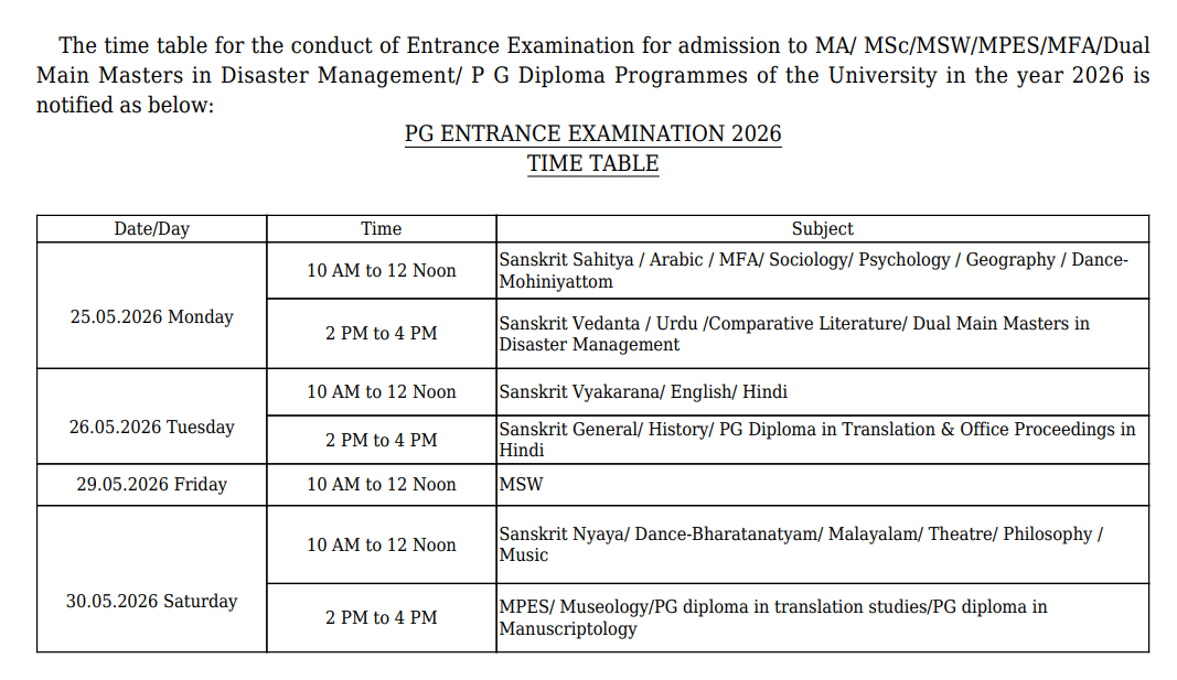 SSUS PG Entrance Exam 2026 Schedule Announced; Exam from May 25-30