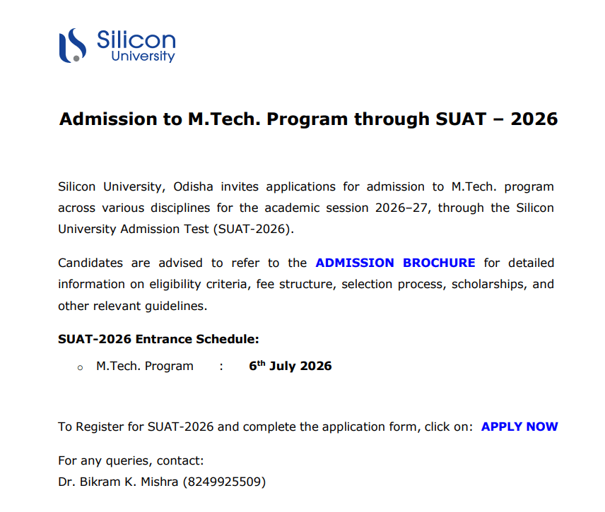 SUAT 2026 to be Held on July 6 for MTech Admission at Silicon University