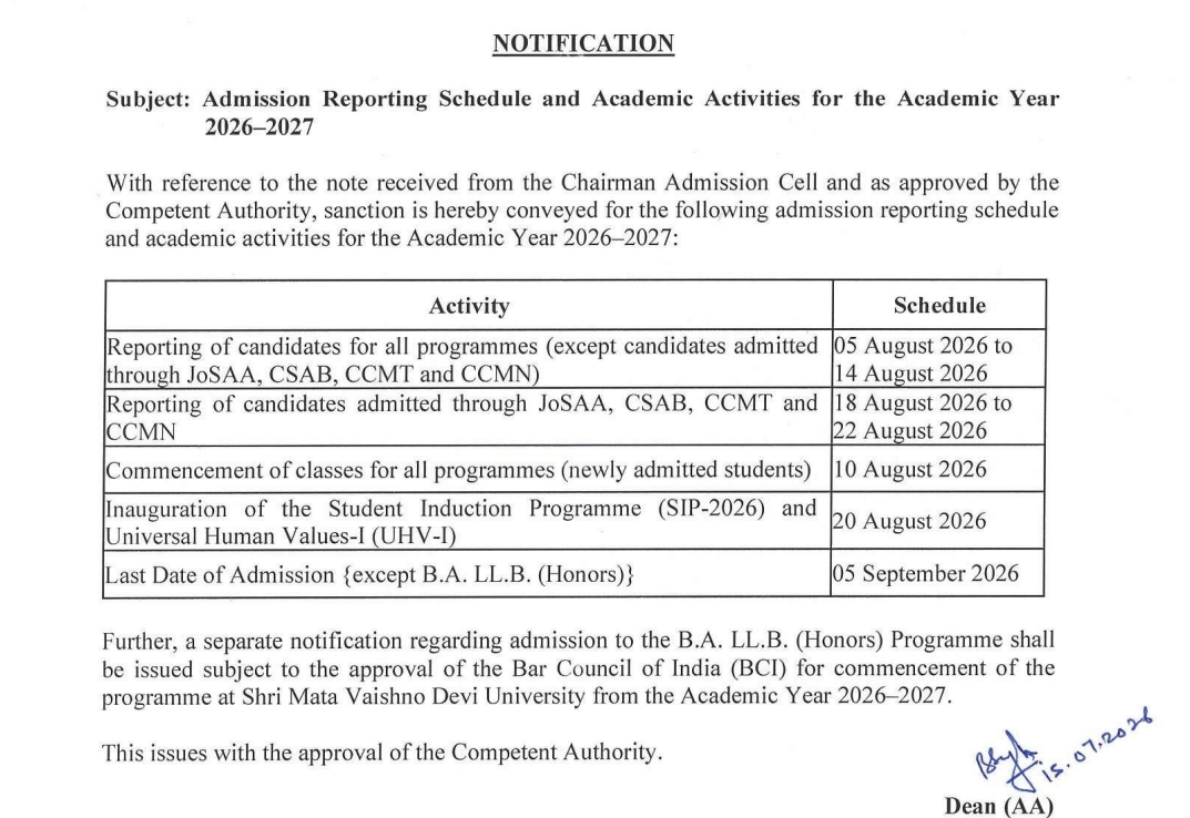 SMVDU 2026-27 Reporting Schedule
