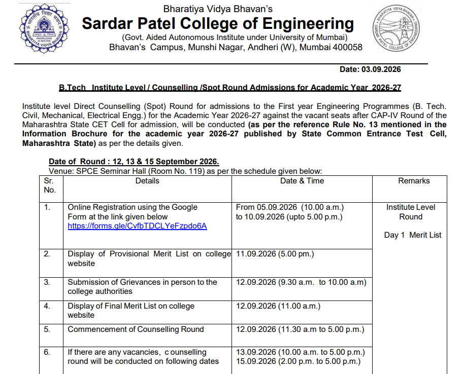SPCE Spot Round 2026-27 Important Dates
