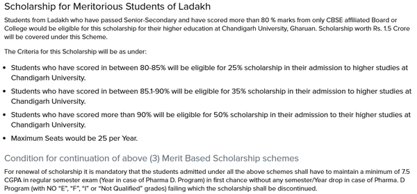 Chandigarh University (CU) Scholarship for Meritorious Students of Ladakh 2026