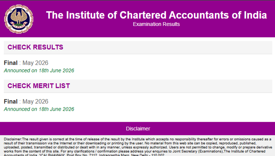 ICAI CA Final results page screenshot