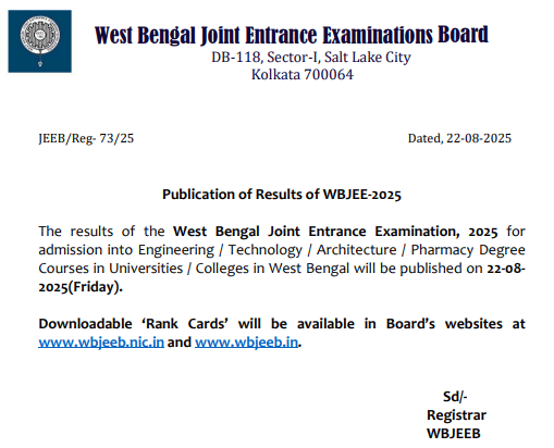 WBJEE Result 2025 Notification