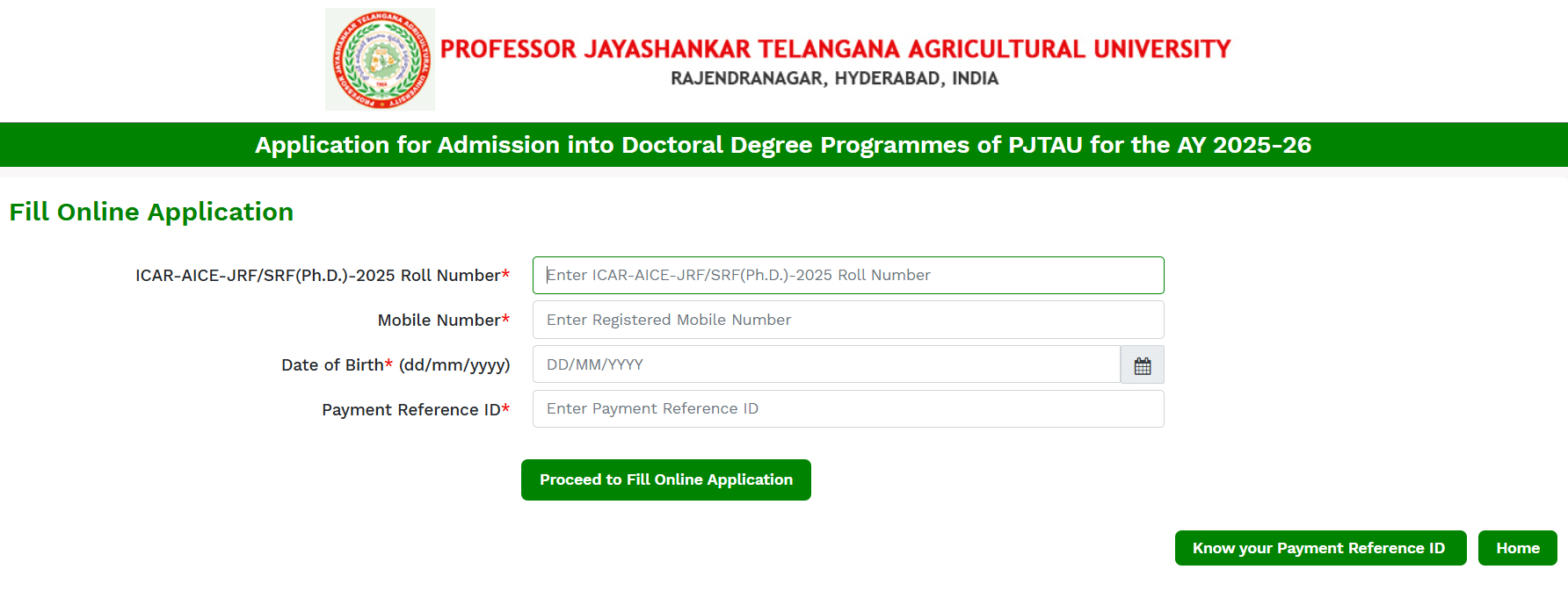 PJTSAU Ph.D. Application form 2025