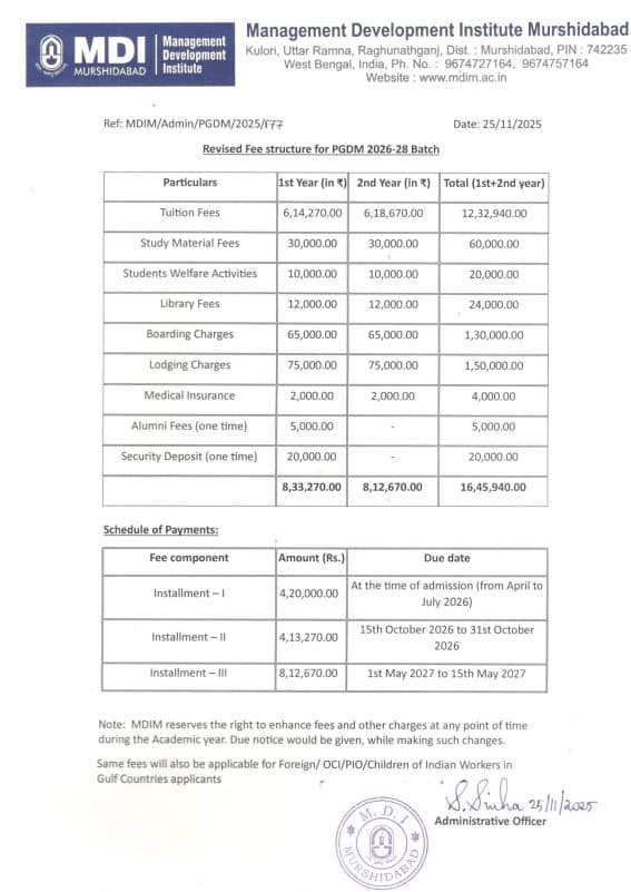 MDI Murshidabad Fees