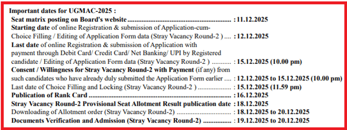 Bihar UGMAC 2025 Stray Vacancy Round 2 – Important Dates