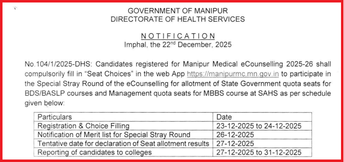 Manipur NEET UG 2025 Special Stray Round Dates