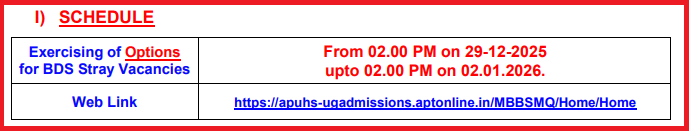 Schedule for Exercising Web Options for BDS Stray Vacancies (Management Quota)
