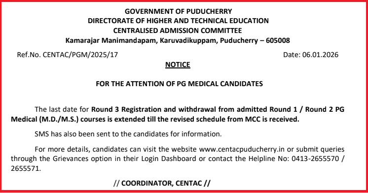 CENTAC NEET PG 2025 Round 3 Registration Deadline Extended