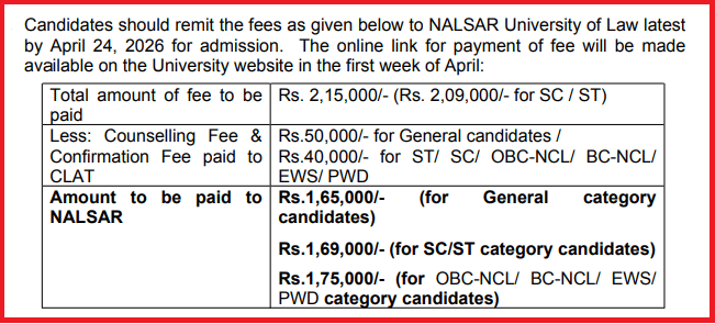 NALSAR LLM Fee Structure 2026