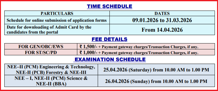NERIST NEE 2026 Schedule