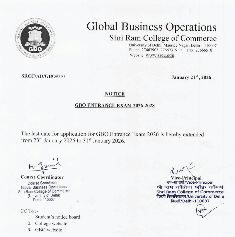 SRCC GBO Admission Notification