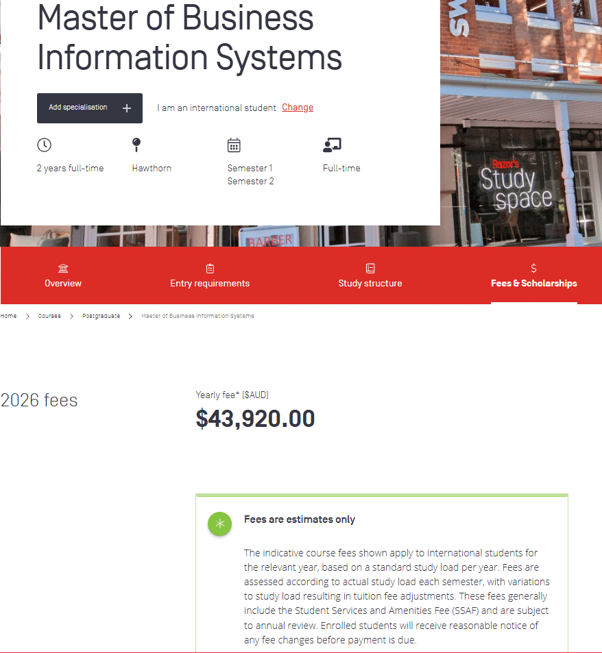 Swinburne University MBus Information Systems Tuition Fees 2026