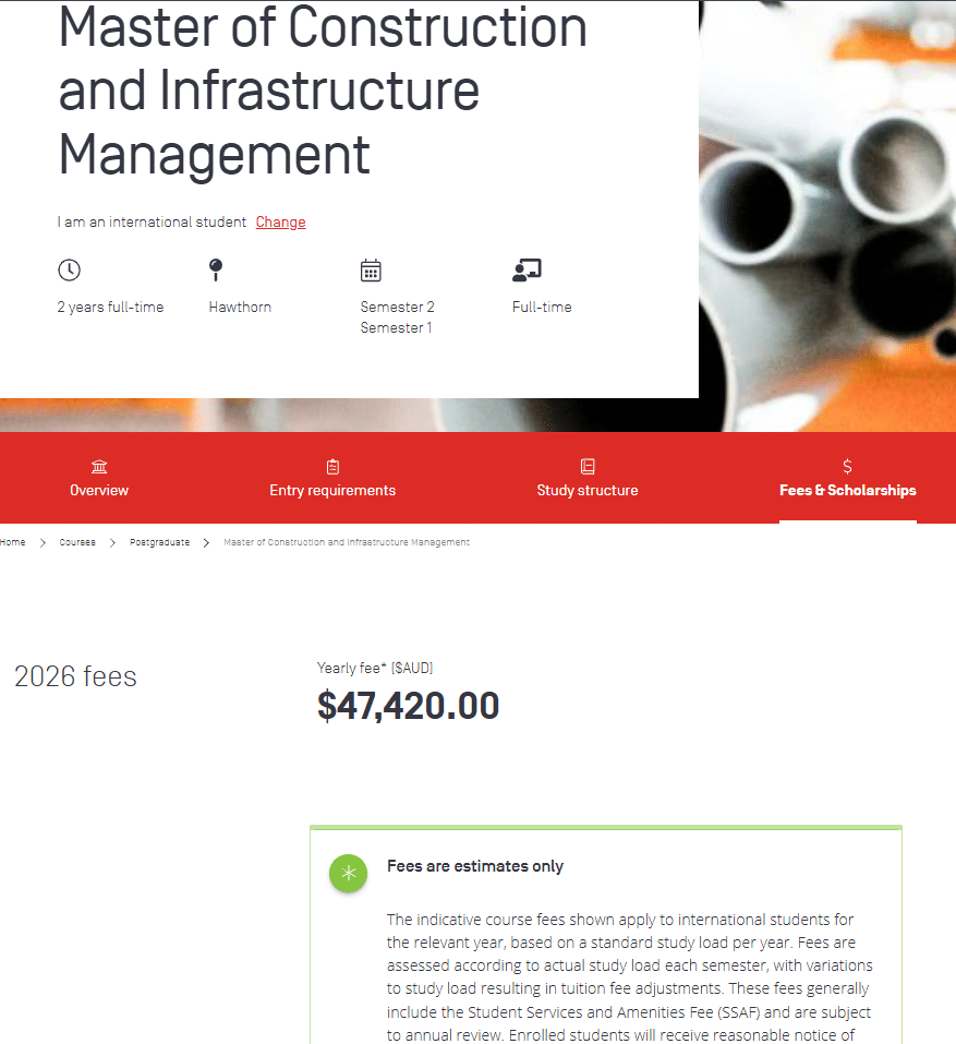 Swinburne University Master of Construction and Infrastructure Management Tuition Fees 2026