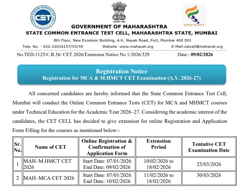 MAH MCA CET 2026 Registration Deadline Extended