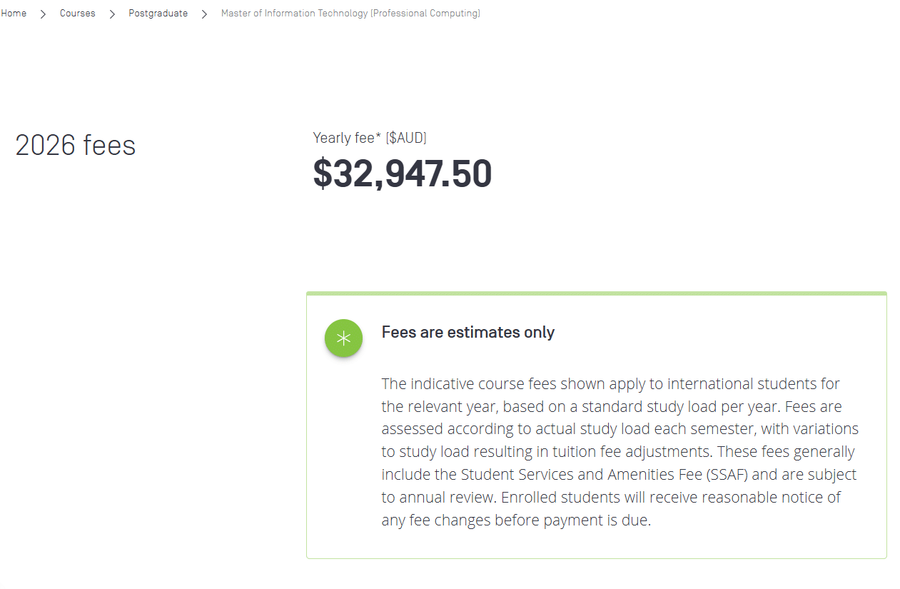 Swinburne University Master of Indormation Technology(Professional Computing) Tuition Fees 2026