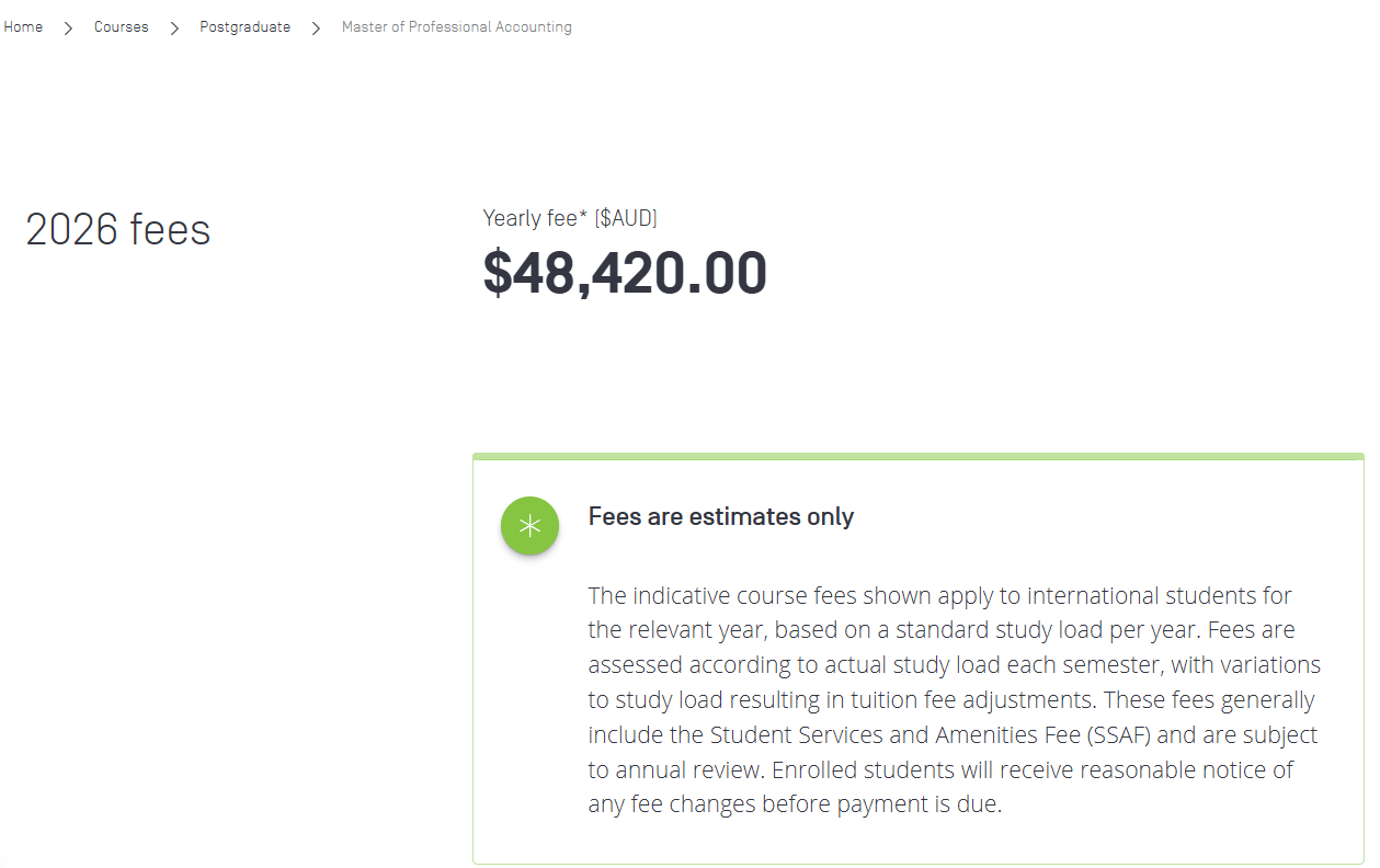 Swinburne University Master of Professional Accounting Tuition Fees 2026