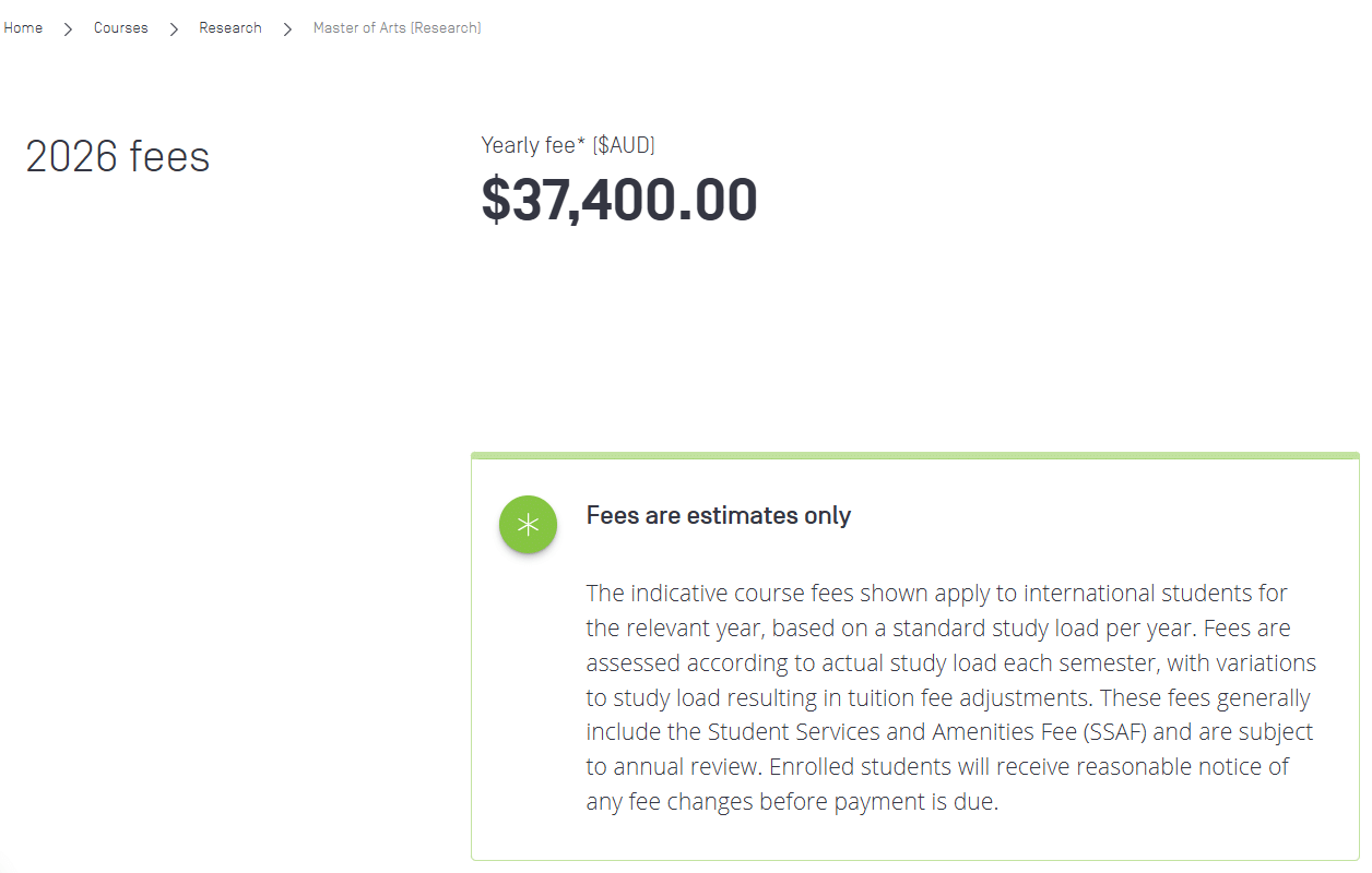 Swinburne University Master of Arts(Research) Tuition Fees 2026