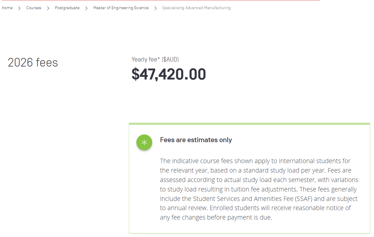 Swinburne University Master of Engineering Science Advanced Manufacturing Tuition Fees 2026