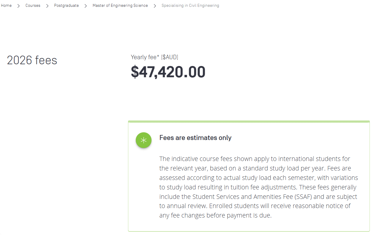 Swinburne University Master of Engineering Science Civil Engineering Tuition Fees 2026