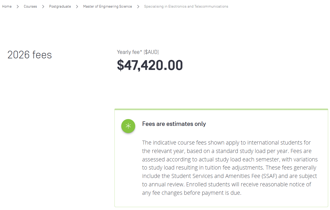 Swinburne University Master of Engineering Science Electronics and Telecommunications Engineering Tuition Fees 2026