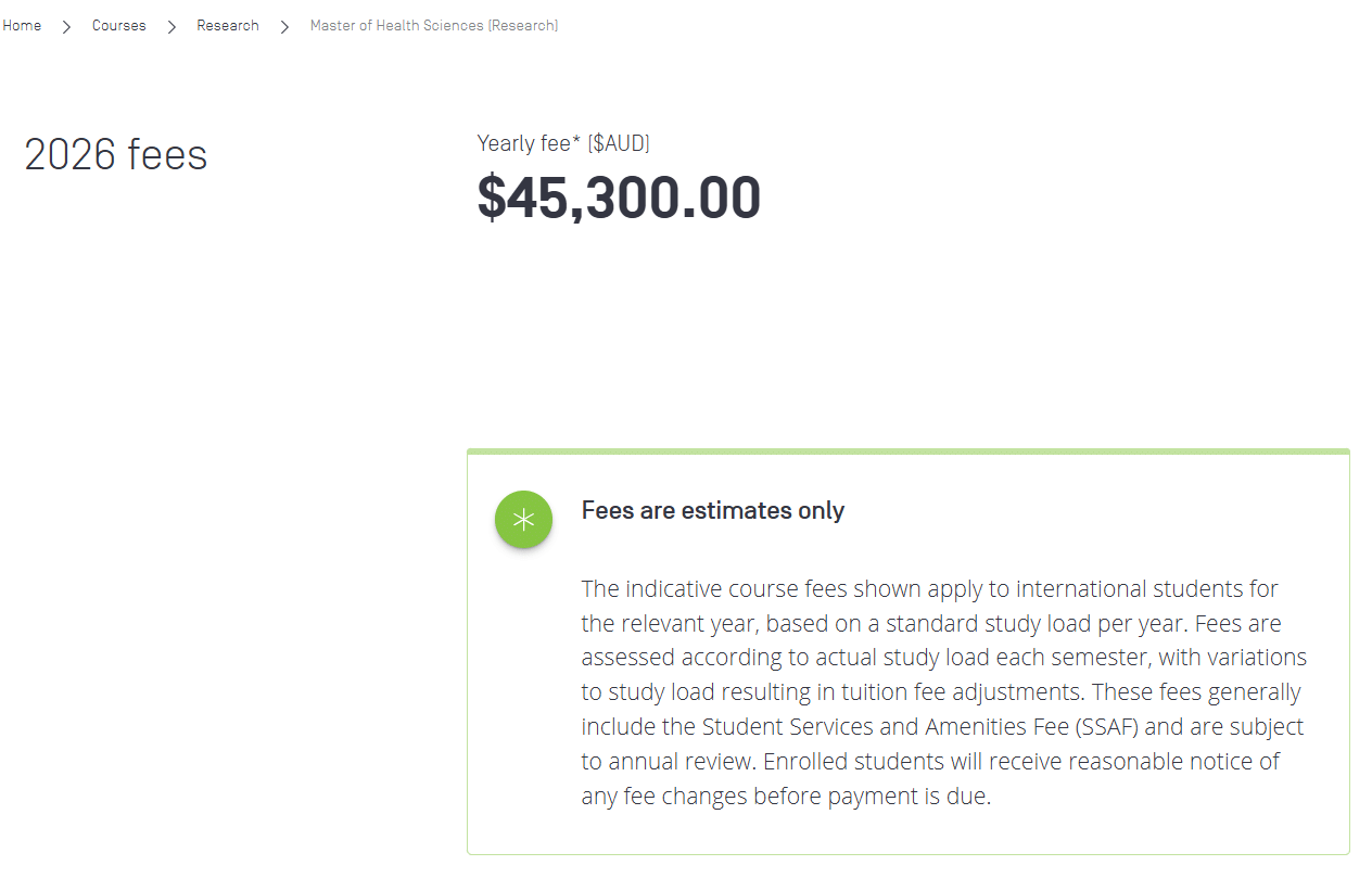 Swinburne University  Master of Health Sciences (Research) Tuition Fees 2026