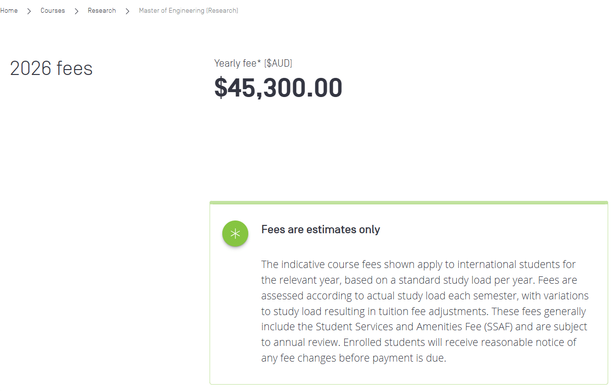 Swinburne University  Master of Engineering (Research) Tuition Fees 2026