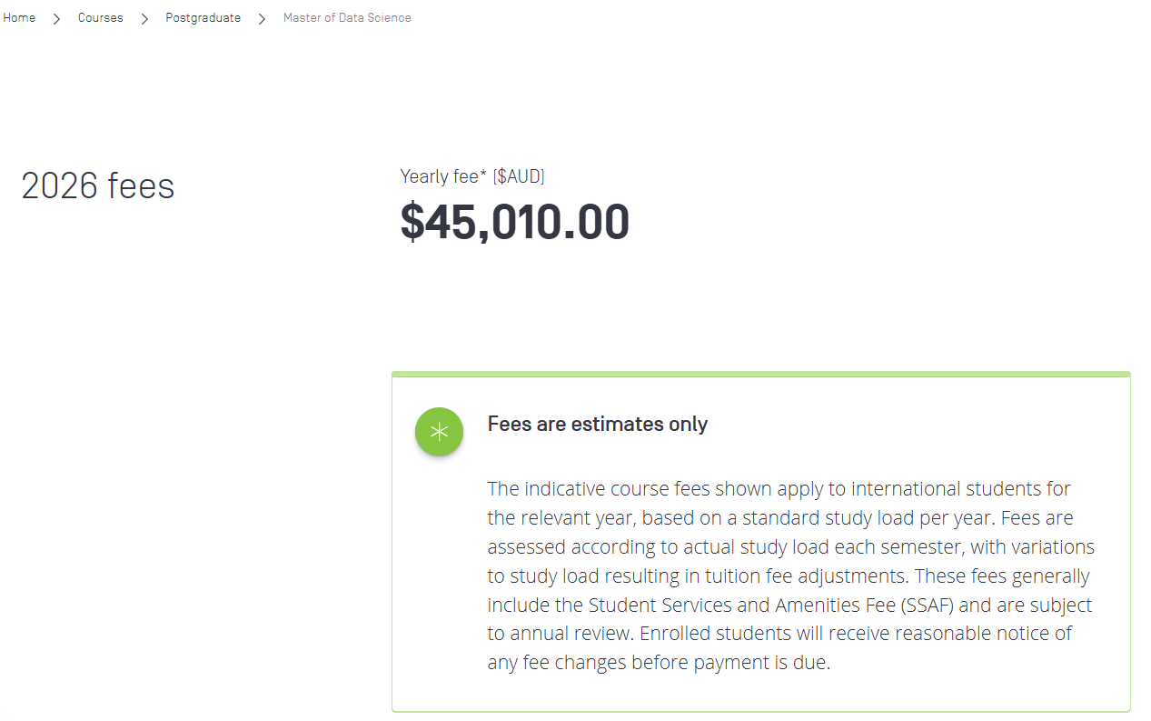 Swinburne University Master of Data Science Tuition Fees 2026