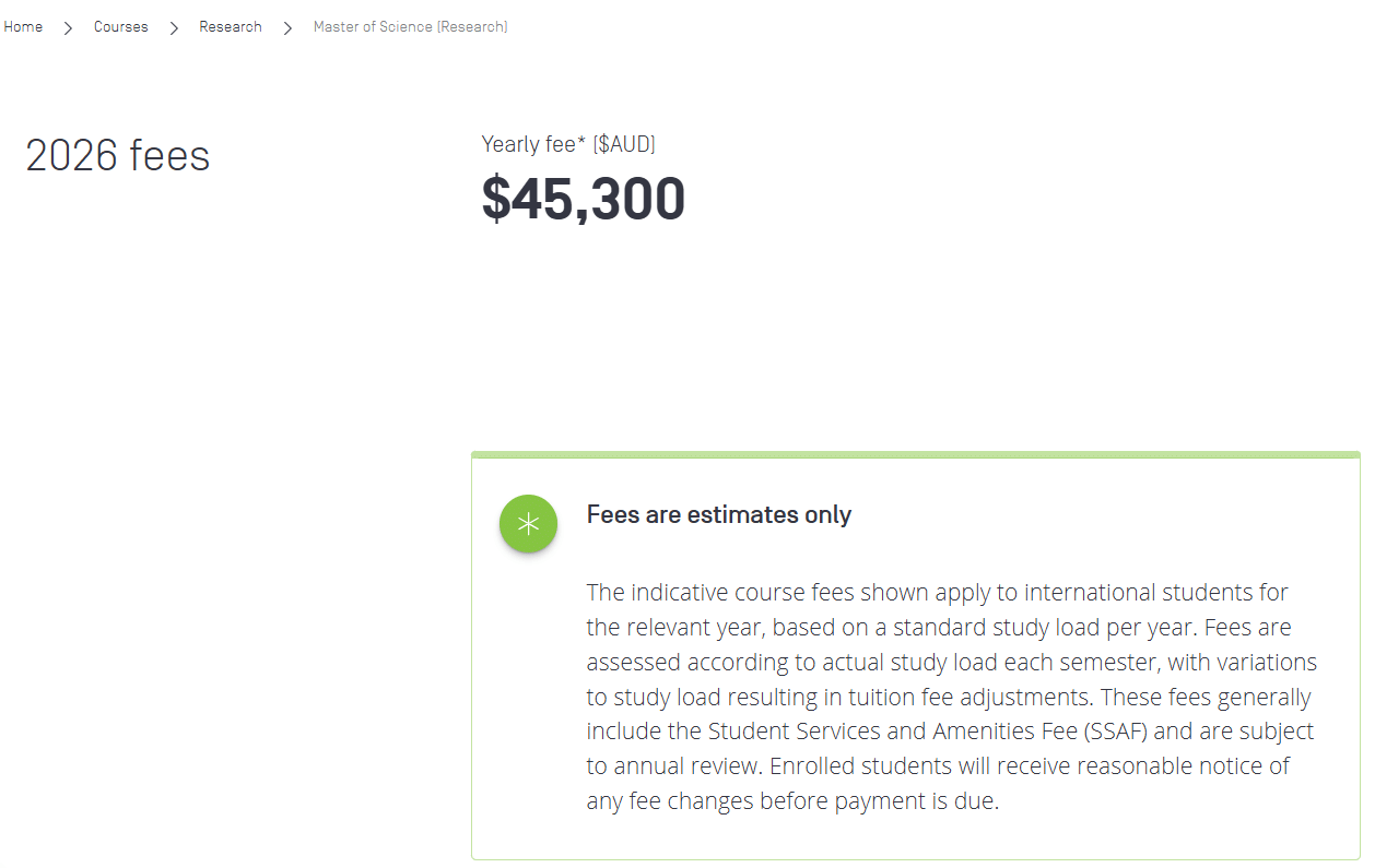 Swinburne University Master of Science(Research) Tuition Fees 2026