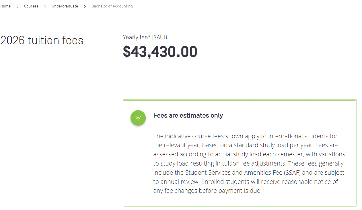 Swinburne University Bachelor of Accounting Tuition Fees 2026