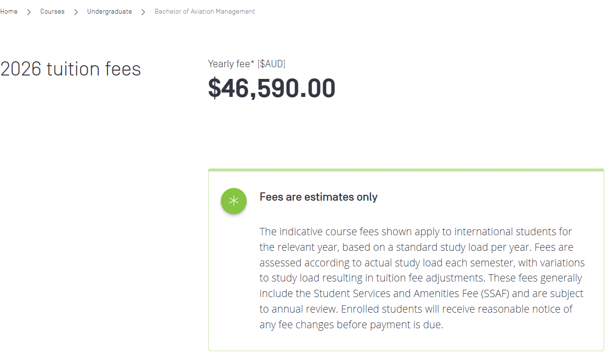 Swinburne University Bachelor of Aviation Management Tuition Fees 2026