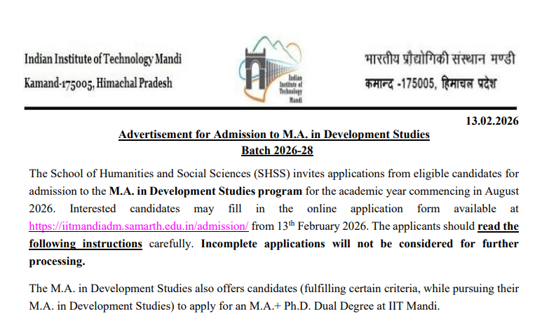 IIT Mandi MA Development Studies Admission 2026 