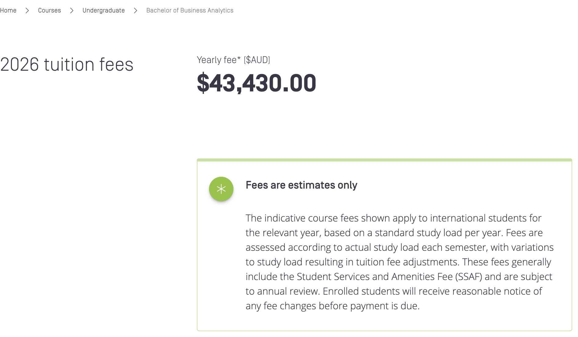 Swinburne University Bachelor of Business Analytics Tuition Fees 2026