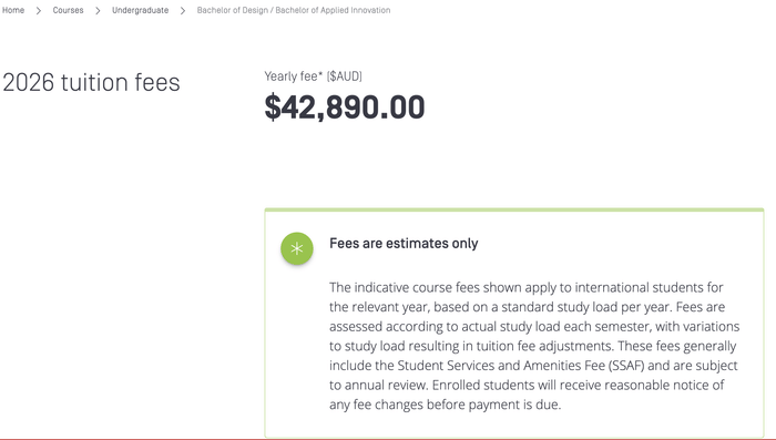 Swinburne University Bachelor of Design/Bachelor of Applied Innovation Fees 2026