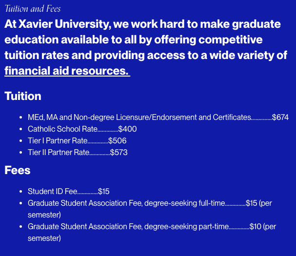 Xavier University Graduate Fees