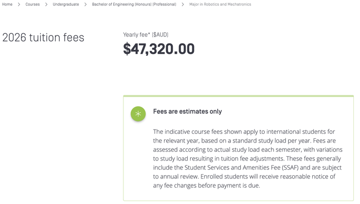 Swinburne University Bachelor of Engineering Robotics and Mechatronics - Professional Tuition Fees 2026