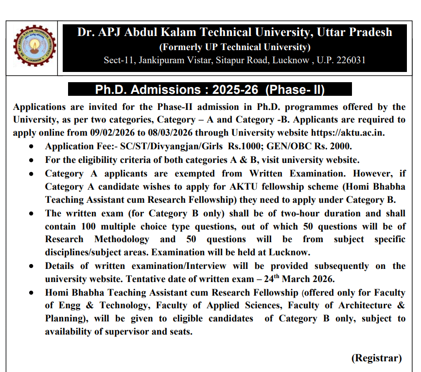 AKTU PhD Admission 2026 For Phase 2 Open