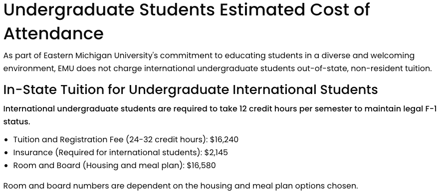 Eastern Michigan University UnderGraduate tution fees