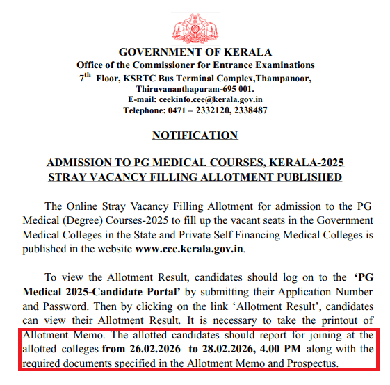 Kerala NEET PG Stray Round Allotment Out