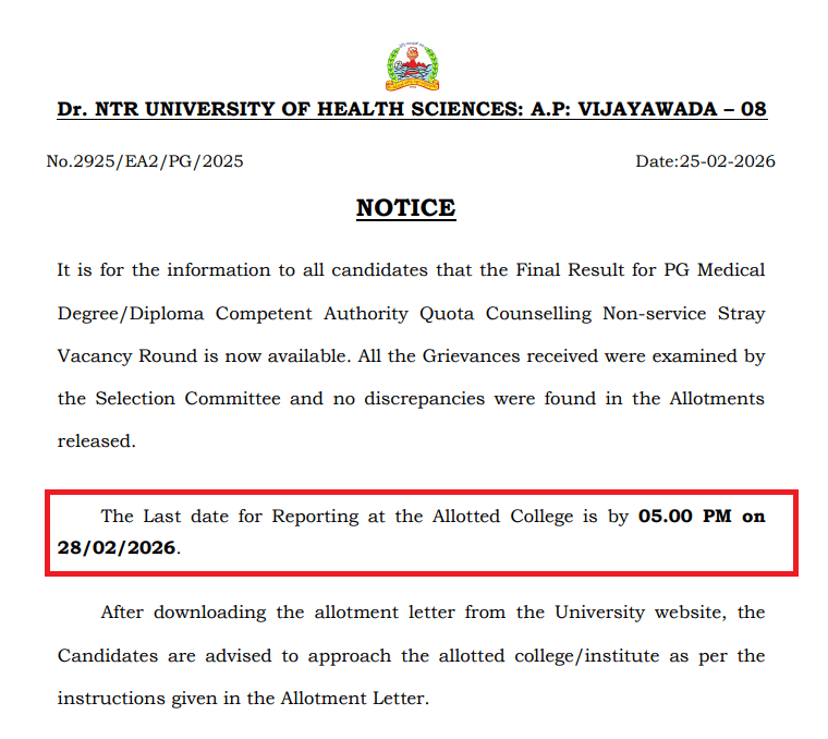 AP NEET PG Stray Round Allotments
