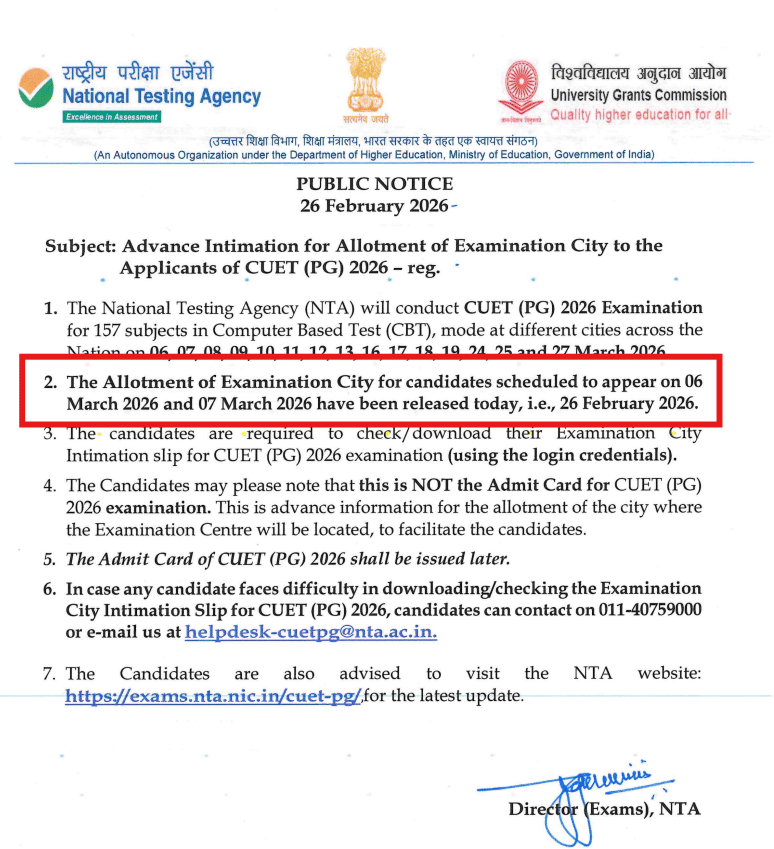 CUET PG 2026 City Intimation Slip out