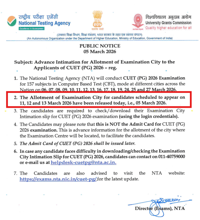 CUET PG 2026 City Intimation Slip Out for Exams till March 11 to 13 