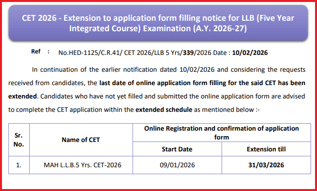 MH Law CET 2026 (5-Year LLB) 2026 Dates