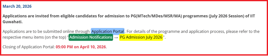 IIT Guwahati PG Admission 2026 Notification