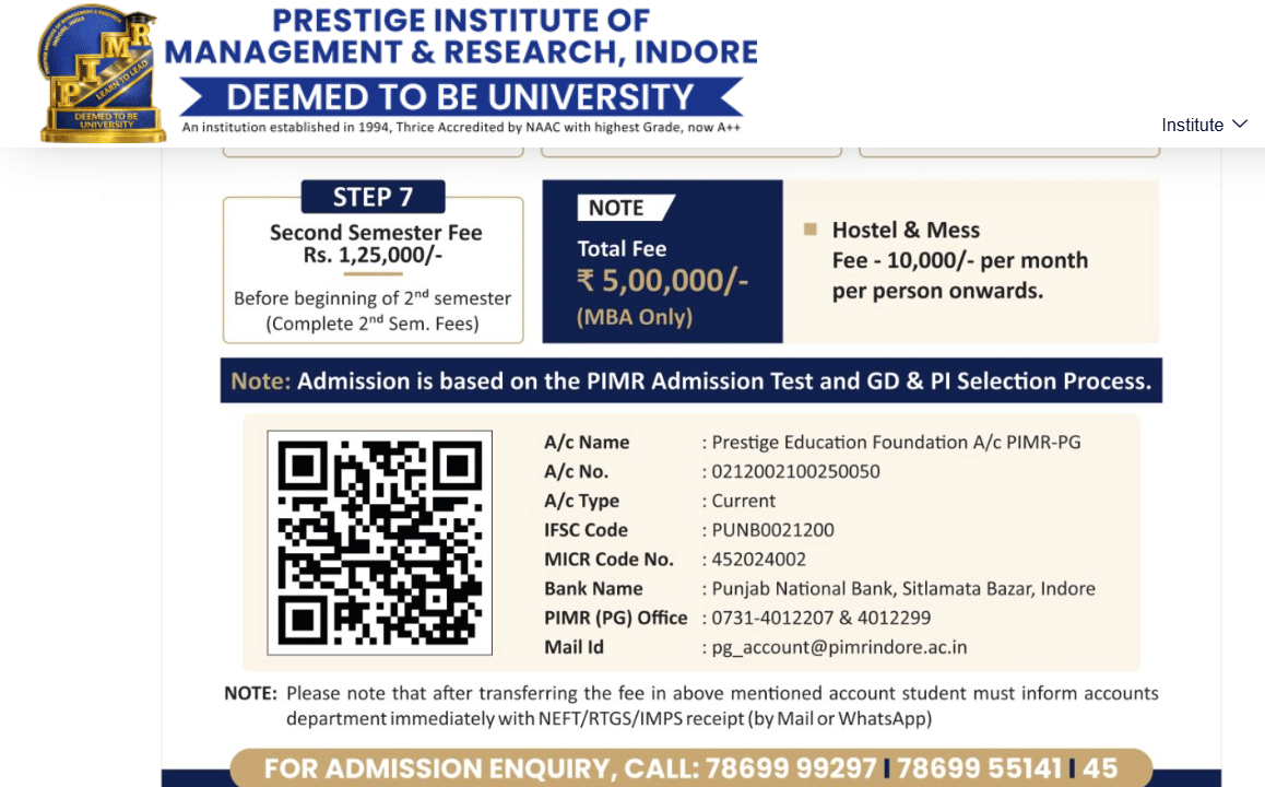 PIMR Indore MBA Fees Structure 2026-2028