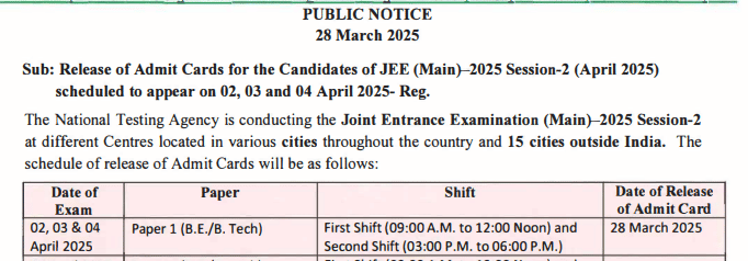 Jee main admit card dates 