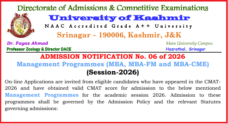 Kashmir University MBA Admission 2026