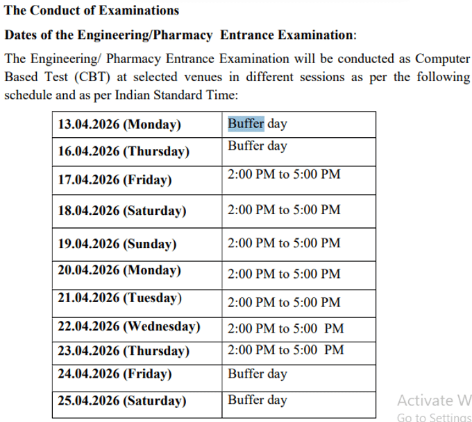 Examination and Buffer Days for KEAM 2026 Exams