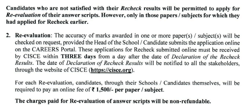 ICSE Class X 2026 Re evaluation fee