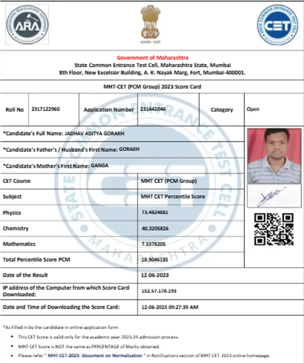 MHT CET Scorecard sample
